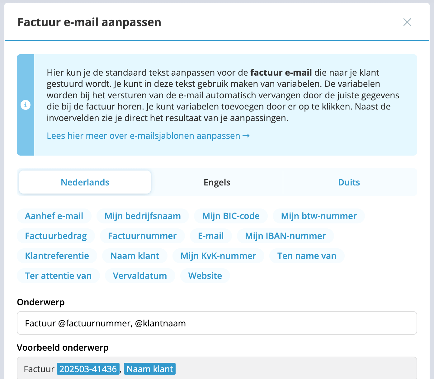 e-mail taal aanpassen